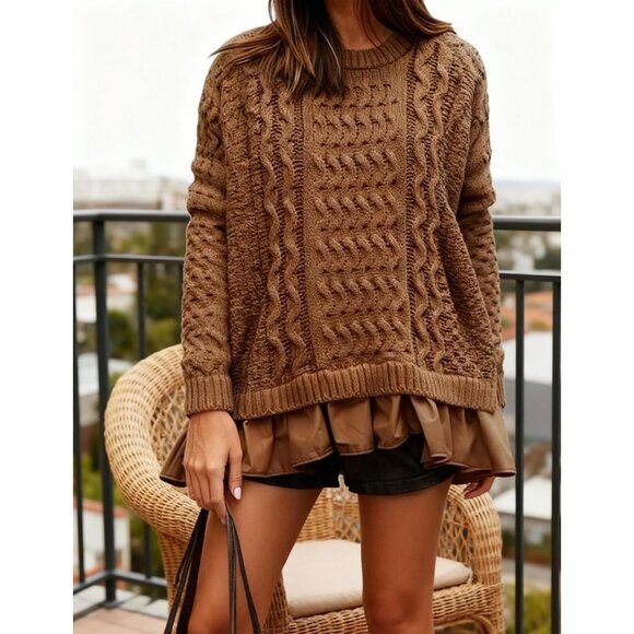 Women's Cable Knit Sweater Dress Ruffle Hem Mini Dresses Long Sleeves Brown - Picture 2 of 6